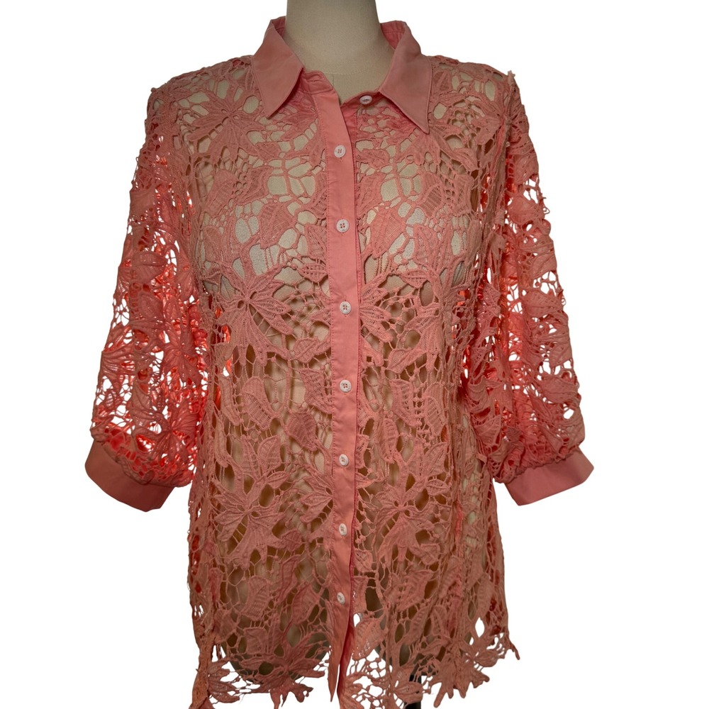 POL Coral Pink Crochet Lace Button-Up Blouse